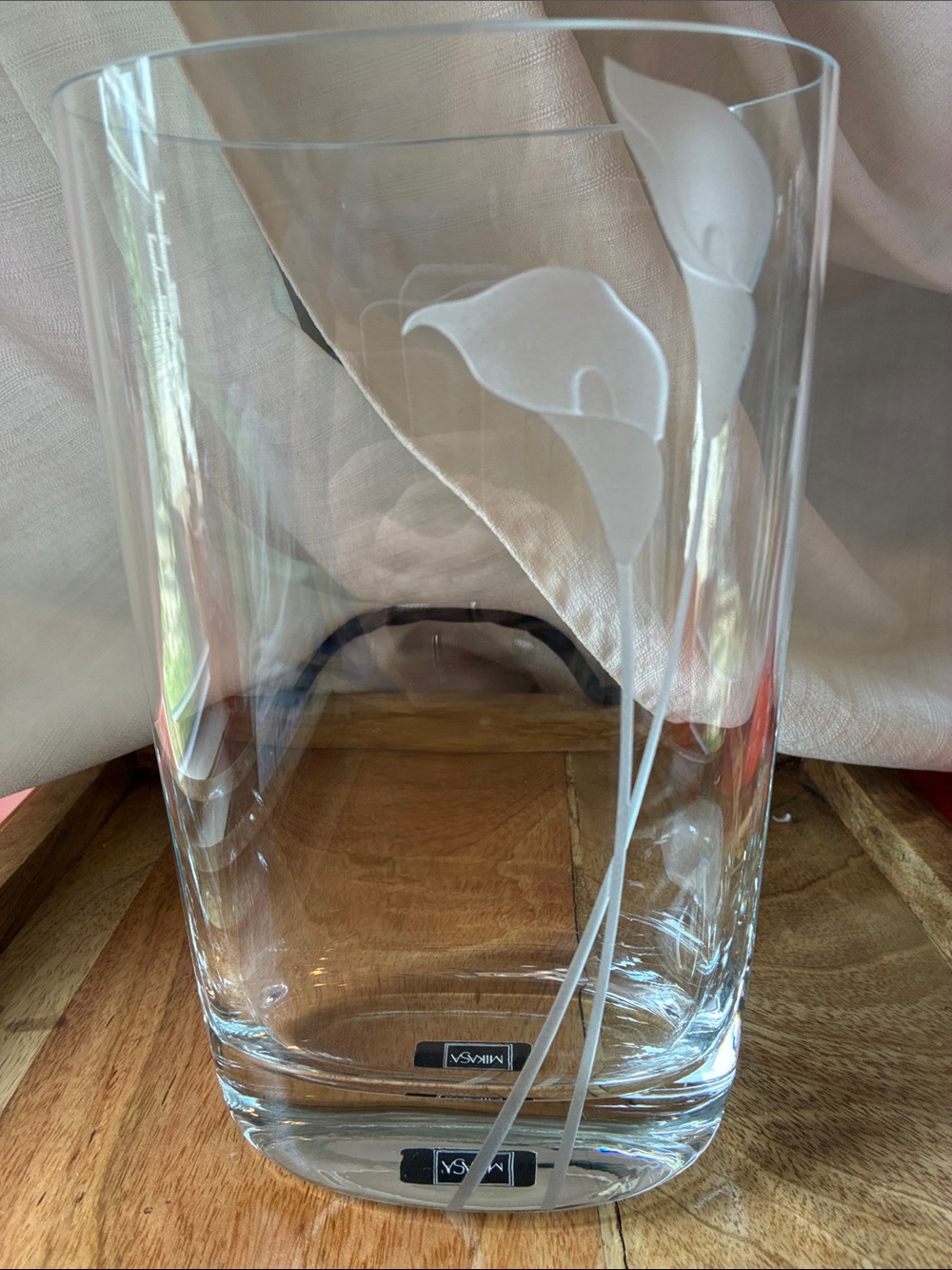Mikasa- Clear Glass, Oval Vase with Etched Calla Lily Design